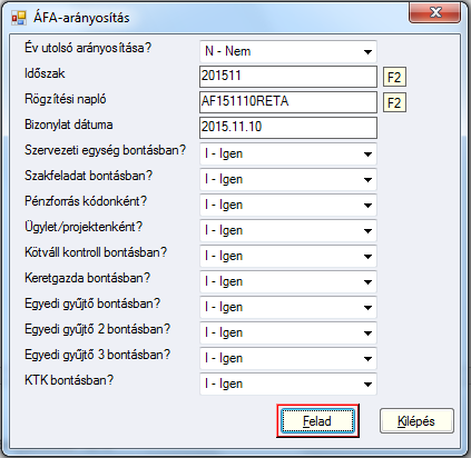 Az alábbi képernyőn megadhatjuk, hogy milyen dimenziók bontásában szeretnénk kigenerálni az arányosított ÁFA tételeinket.