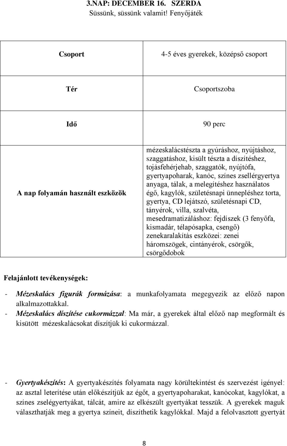 díszítéshez, tojásfehérjehab, szaggatók, nyújtófa, gyertyapoharak, kanóc, színes zsellérgyertya anyaga, tálak, a melegítéshez használatos égő, kagylók, születésnapi ünnepléshez torta, gyertya, CD