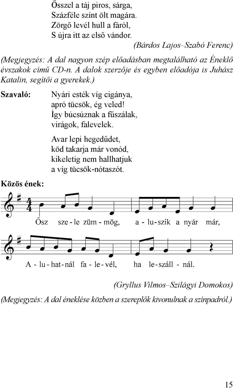 A dalok szerzője és egyben előadója is Juhász Katalin, segítői a gyerekek.) Közös ének: Nyári esték víg cigánya, apró tücsök, ég veled!