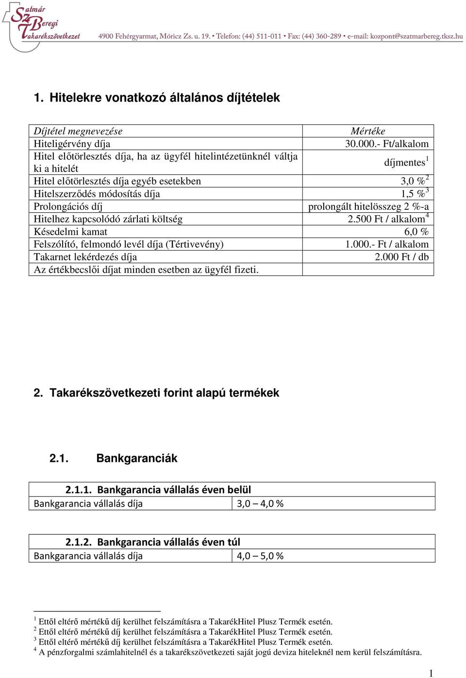 Prolongációs díj prolongált hitelösszeg 2 %-a Hitelhez kapcsolódó zárlati költség 2.500 Ft / alkalom 4 Késedelmi kamat 6,0 % Felszólító, felmondó levél díja (Tértivevény) 1.000.