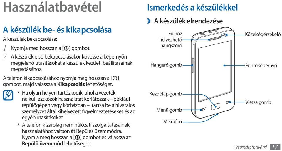 A telefon kikapcsolásához nyomja meg hosszan a [ ] gombot, majd válassza a Kikapcsolás Ha olyan helyen tartózkodik, ahol a vezeték nélküli eszközök használatát korlátozzák például repülőgépen vagy