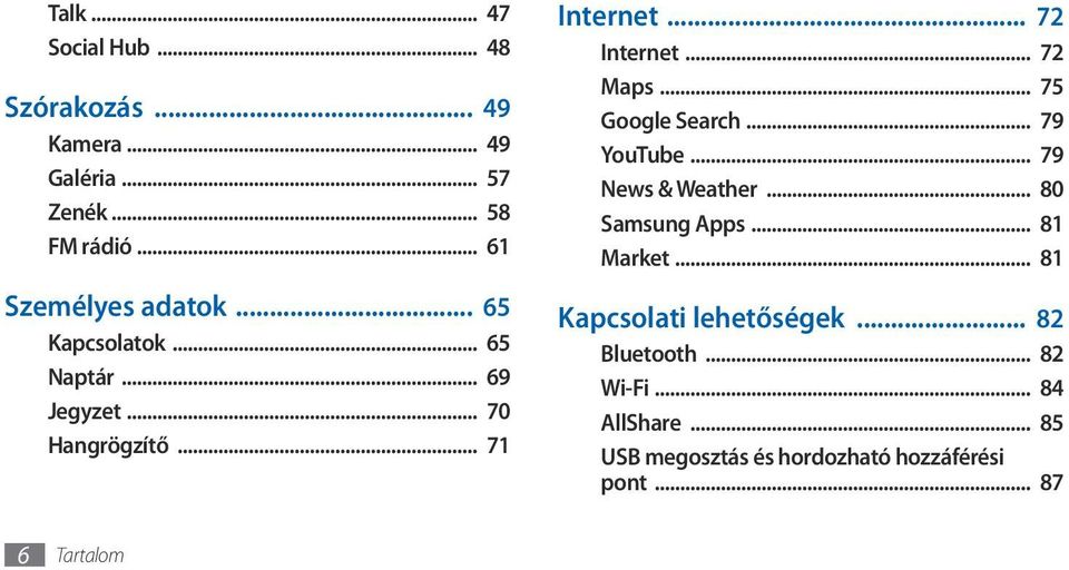 .. 72 Internet... 72 Maps... 75 Google Search... 79 YouTube... 79 News & Weather... 80 Samsung Apps... 81 Market.