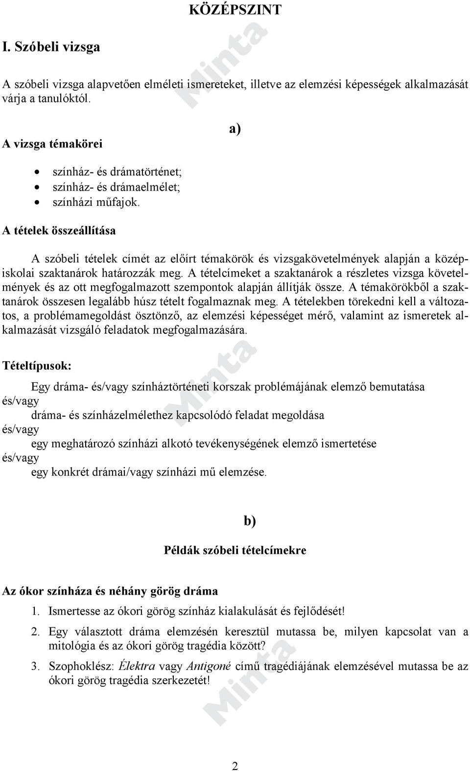 A tételek összeállítása A szóbeli tételek címét az előírt témakörök és vizsgakövetelmények alapján a középiskolai szaktanárok határozzák meg.