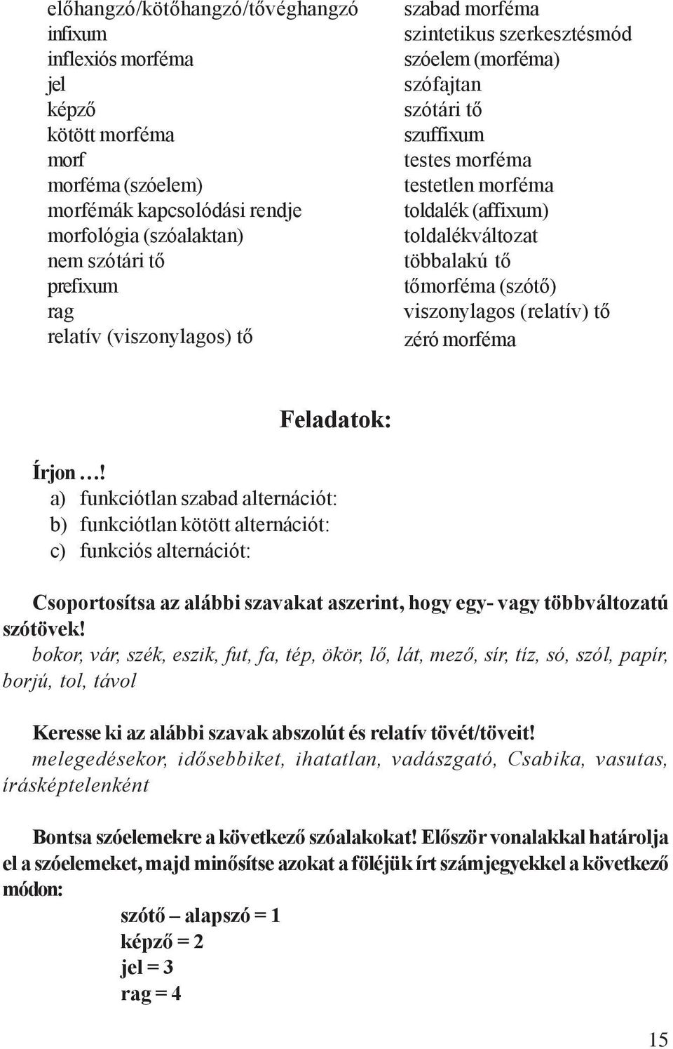 tőmorféma (szótő) viszonylagos (relatív) tő zéró morféma Feladatok: Írjon!