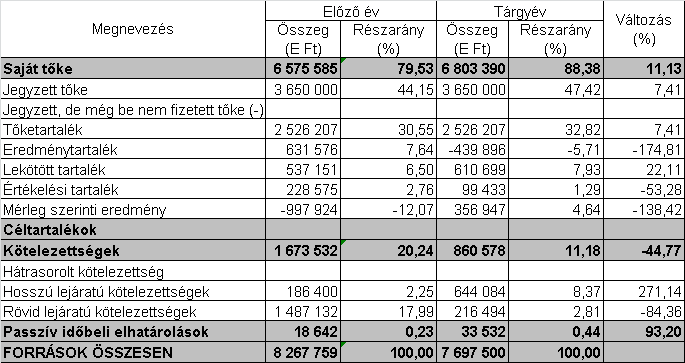 8. Eszközök és Források összetétele A Társaság Eszközeinek összetételében meghatározó a befektetet eszközök, a tartós részesedések kapcsolt vállalkozásokban.
