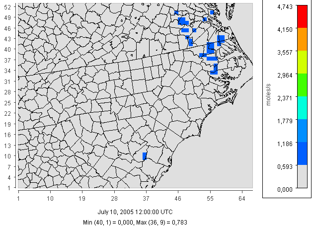 25. ábra. Az átlagos izoprén emisszió [mol/s] napi menete (piros vonallal jelölve) 2005. július 10 00 UTC és 11-e 00 00 UTC között Észak-Carolina területre.