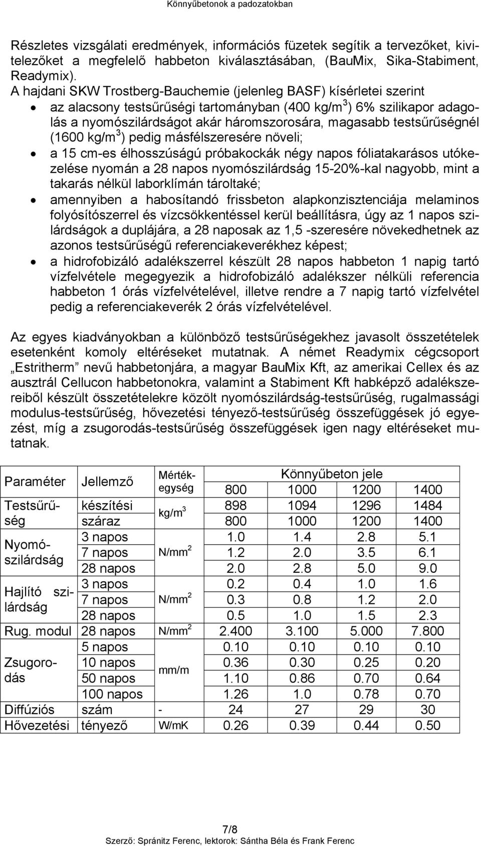 testsűrűségnél (1600 kg/m 3 ) pedig másfélszeresére növeli; a 15 cm-es élhosszúságú próbakockák négy napos fóliatakarásos utókezelése nyomán a 28 napos nyomószilárdság 15-20%-kal nagyobb, mint a