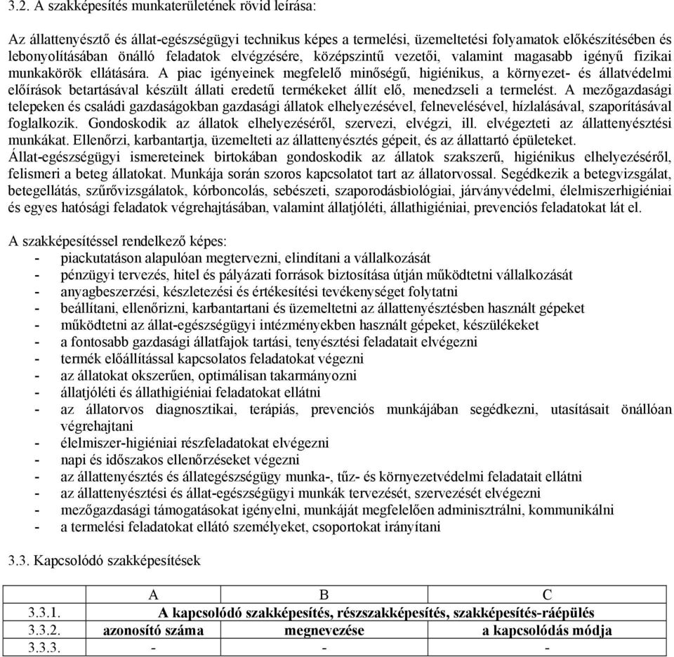 A piac igényeinek megfelelő minőségű, higiénikus, a környezet- és állatvédelmi előírások betartásával készült állati eredetű termékeket állít elő, menedzseli a termelést.