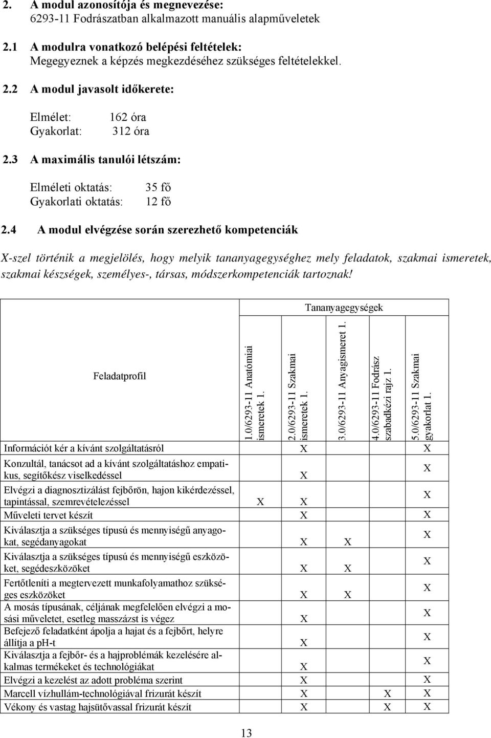 4 A modul elvégzése során szerezhető kompetenciák -szel történik a megjelölés, hogy melyik tananyagegységhez mely feladatok, szakmai ismeretek, szakmai készségek, személyes-, társas,