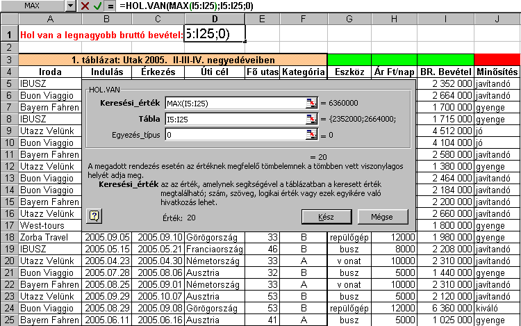 HOL.VAN függvény Egy tömbben a keresett érték sorszámát adja 1. 2.