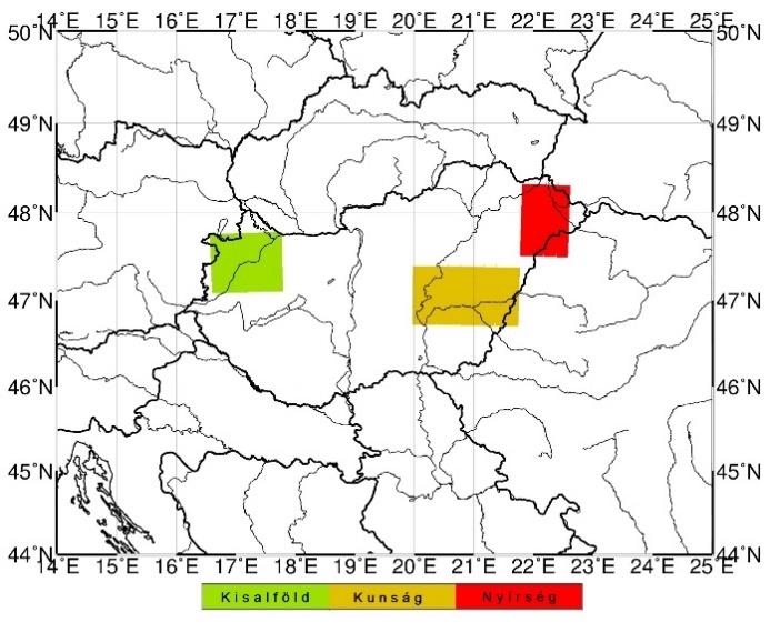 14. ábra: Műholdas talajnedvesség adatokkal inicializált szimulációk során kiválasztott 3 vizsgált terület. A 15.