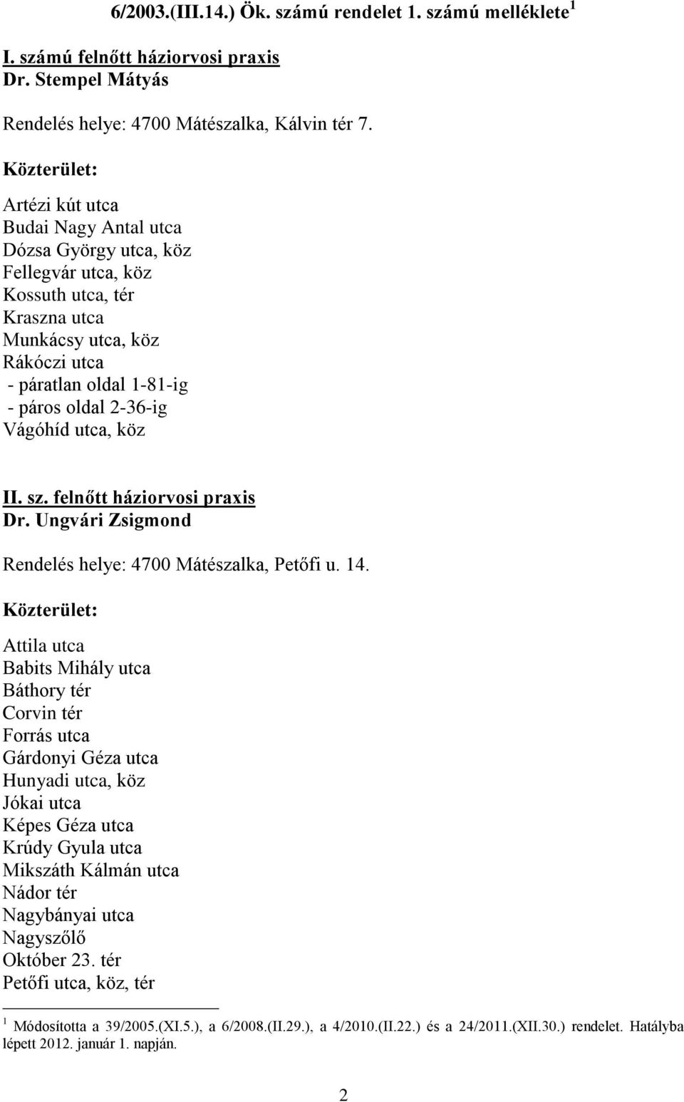 utca, köz II. sz. felnőtt háziorvosi praxis Dr. Ungvári Zsigmond Rendelés helye: 4700 Mátészalka, Petőfi u. 14.