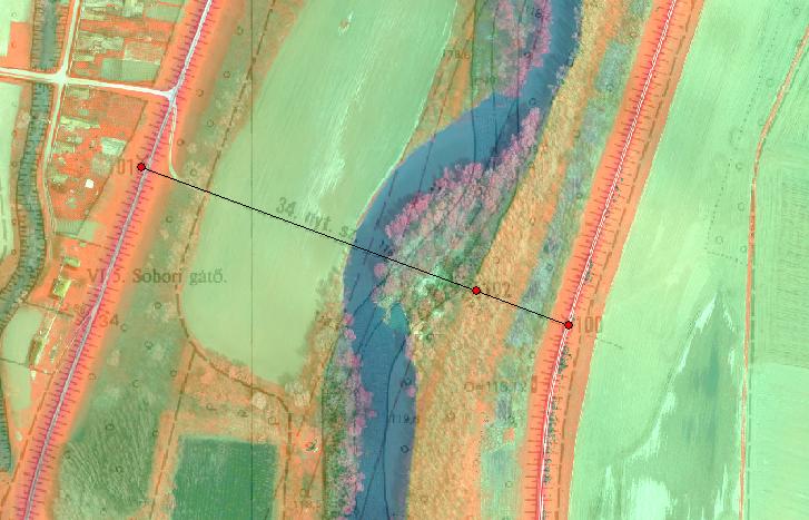 A 14 VO szelvény (15+100 fkm) jelentős, 2 2,5 m mélyülését a folyó a mederszélesség szűkítésével ellensúlyozta. A jobb parton erős zátony képződött, mely mára be is erdősödött (44. ábra).