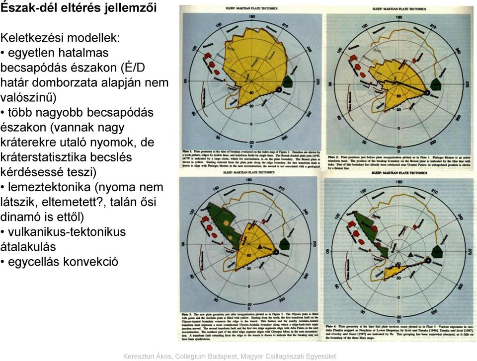 kráterekre utaló nyomok, de kráterstatisztika becslés kérdésessé teszi) lemeztektonika (nyoma