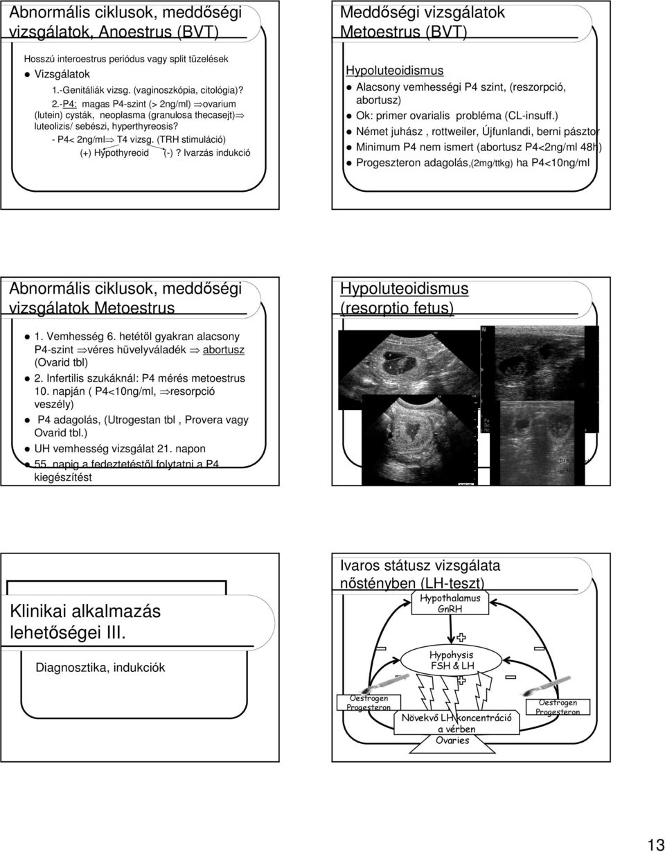 Ivarzás indukció Meddőségi vizsgálatok Metoestrus (BVT) Hypoluteoidismus Alacsony vemhességi P szint, (reszorpció, abortusz) Ok: primer ovarialis probléma (CL-insuff.