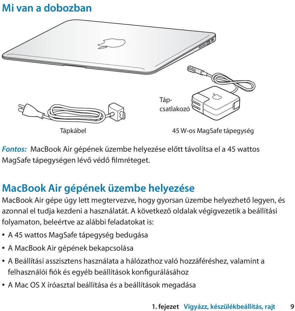 A következő oldalak végigvezetik a beállítási folyamaton, beleértve az alábbi feladatokat is: A 45 wattos MagSafe tápegység bedugása A MacBook Air gépének bekapcsolása A Beállítási