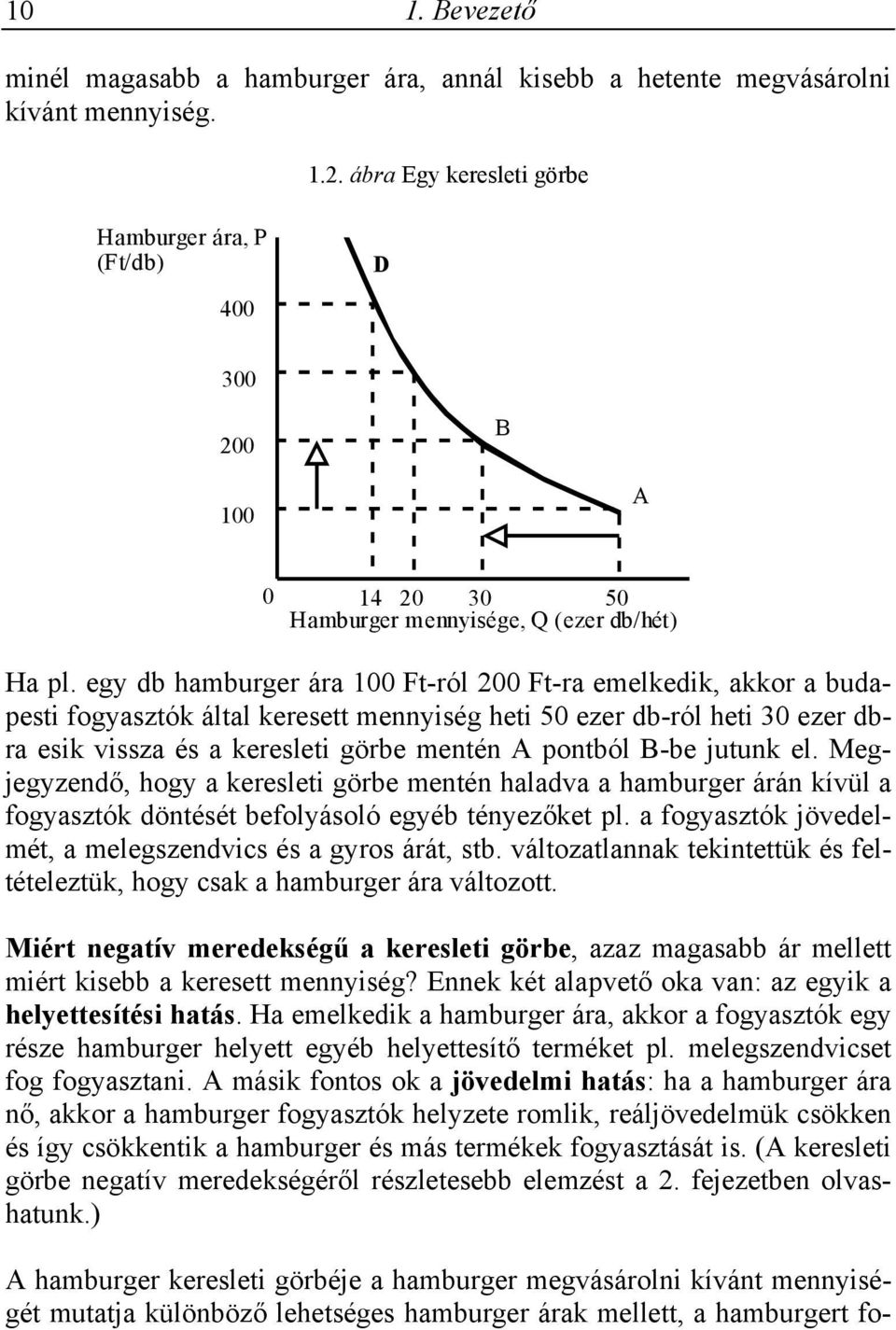 egy db hamburger ára 100 Ft-ról 200 Ft-ra emelkedik, akkor a budapesti fogyasztók által keresett mennyiség heti 50 ezer db-ról heti 30 ezer dbra esik vissza és a keresleti görbe mentén A pontból B-be