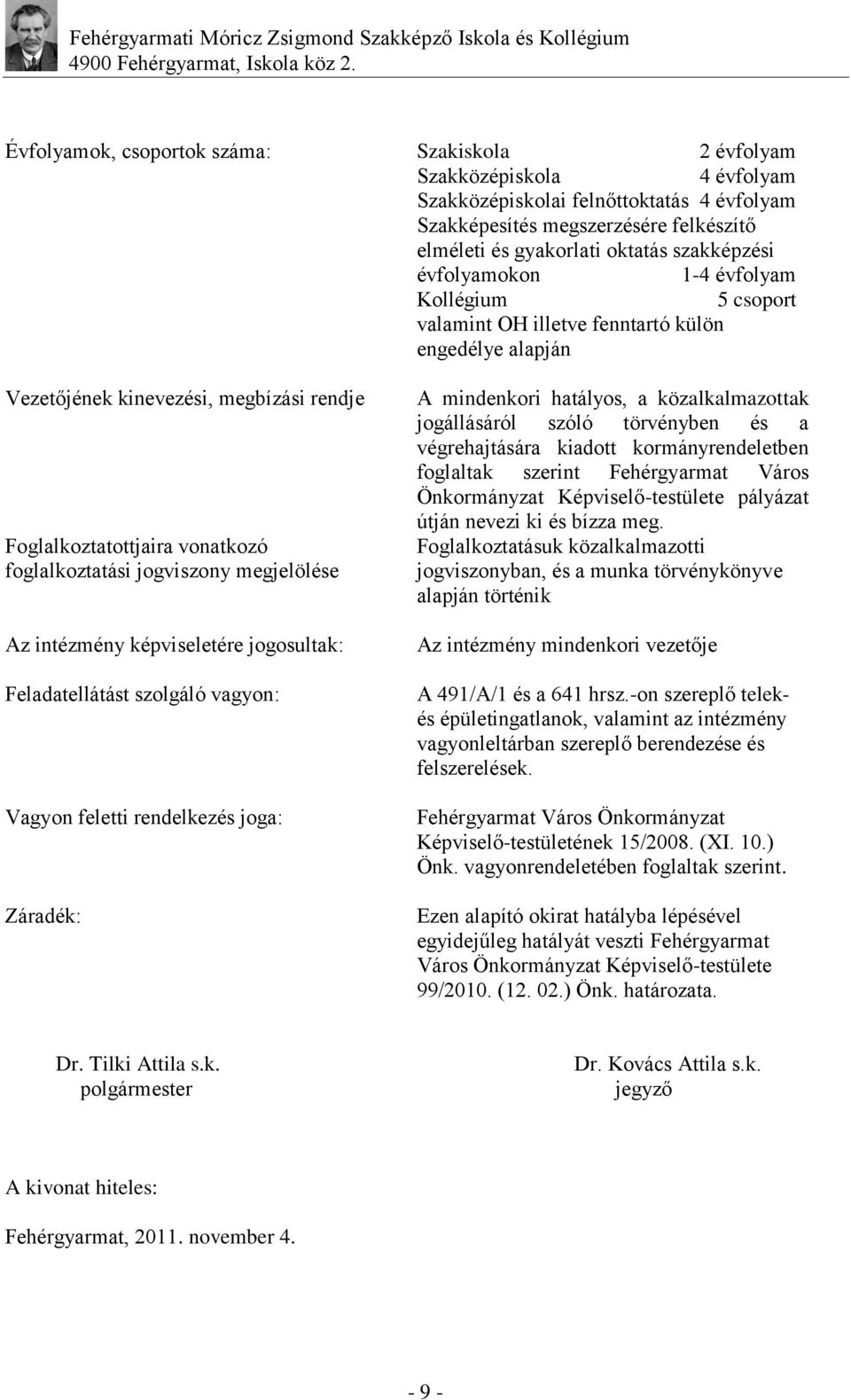 jogviszony megjelölése Az intézmény képviseletére jogosultak: Feladatellátást szolgáló vagyon: Vagyon feletti rendelkezés joga: Záradék: A mindenkori hatályos, a közalkalmazottak jogállásáról szóló