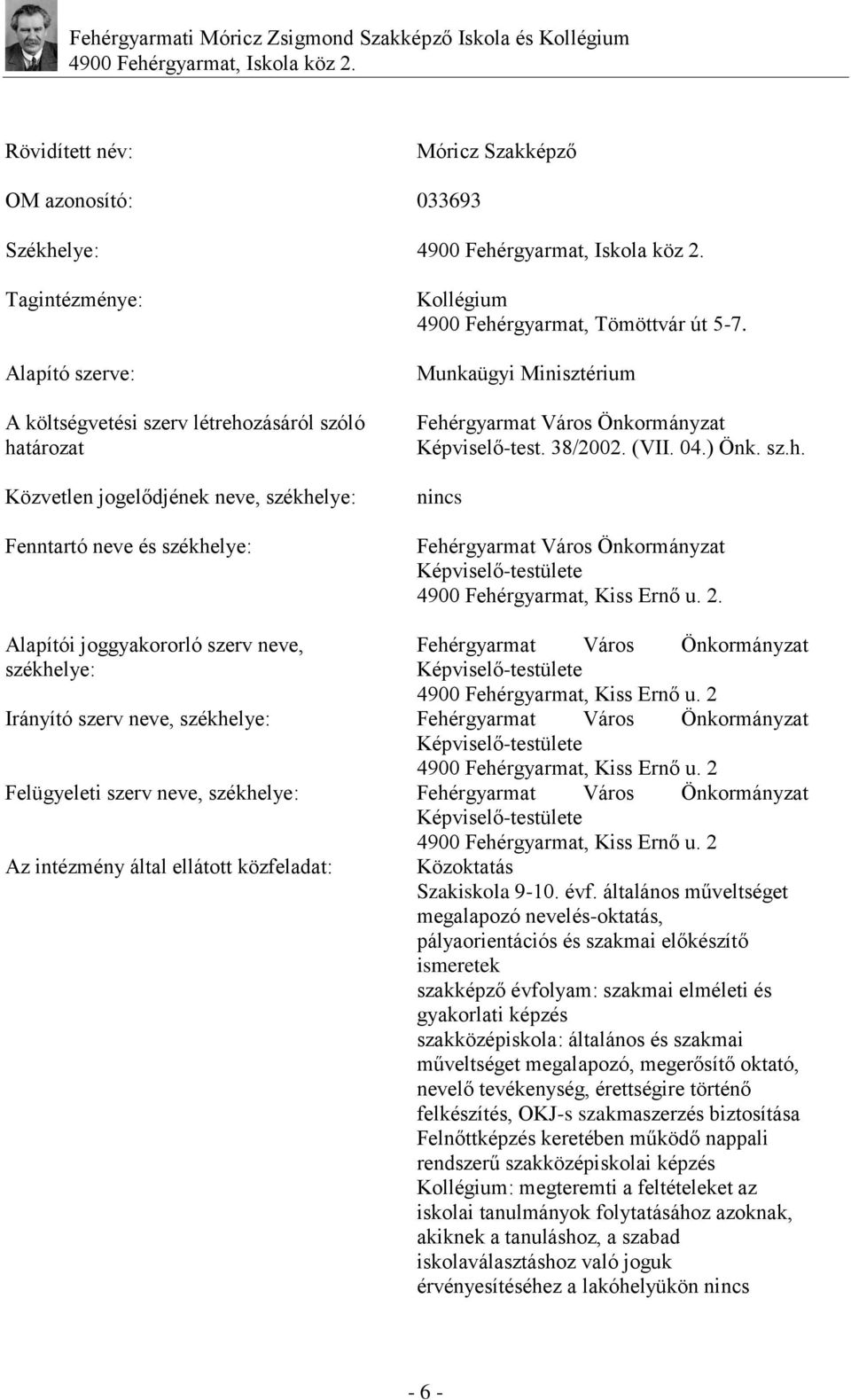 2. Alapítói joggyakororló szerv neve, székhelye: Fehérgyarmat Város Önkormányzat Képviselő-testülete 4900 Fehérgyarmat, Kiss Ernő u.