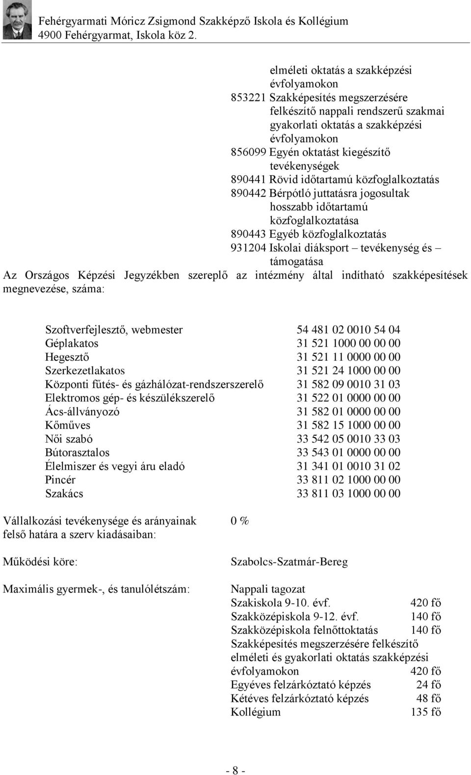 tevékenység és támogatása Az Országos Képzési Jegyzékben szereplő az intézmény által indítható szakképesítések megnevezése, száma: Szoftverfejlesztő, webmester 54 481 02 0010 54 04 Géplakatos 31 521