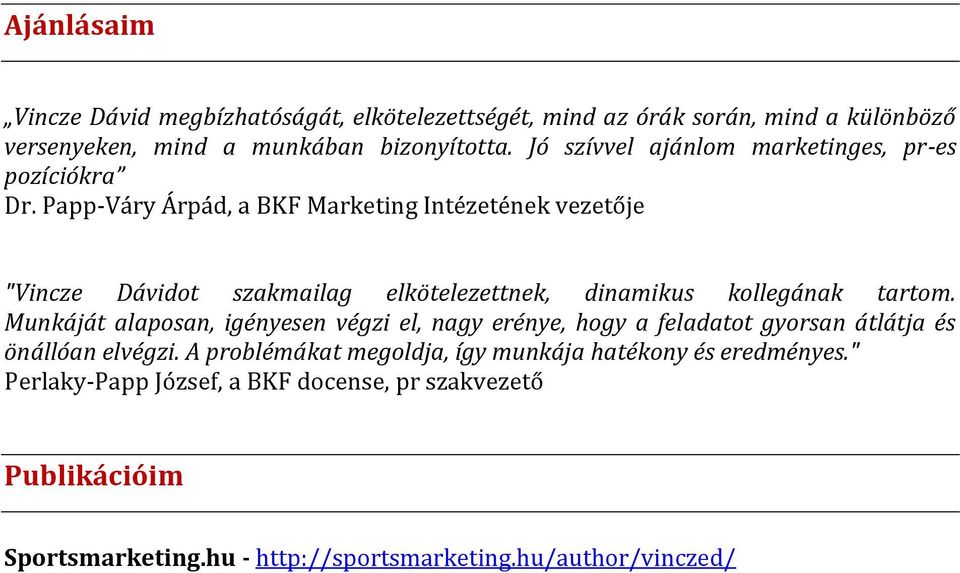 Papp-Váry Árpád, a BKF Marketing Intézetének vezetője "Vincze Dávidot szakmailag elkötelezettnek, dinamikus kollegának tartom.