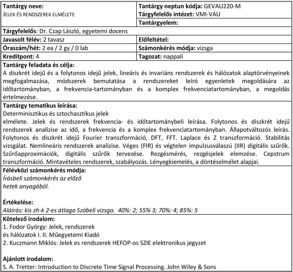 rendszerek és hálózatok alaptörvényeinek megfogalmazása, módszerek bemutatása a rendszereket leíró egyenletek megoldására az időtartományban, a frekvencia-tartományban és a komplex
