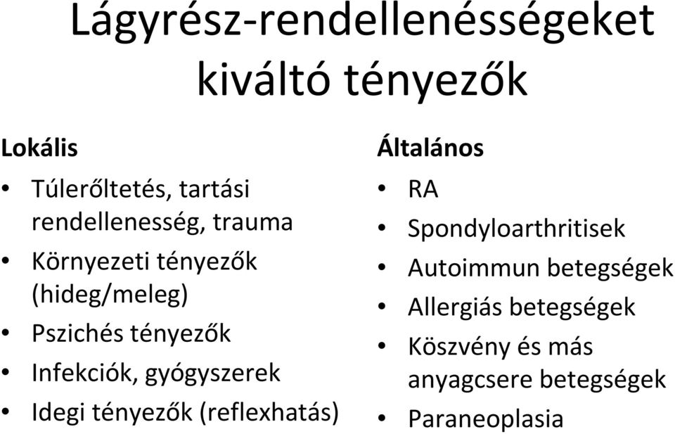 Infekciók, gyógyszerek Idegi tényezők (reflexhatás) Általános RA