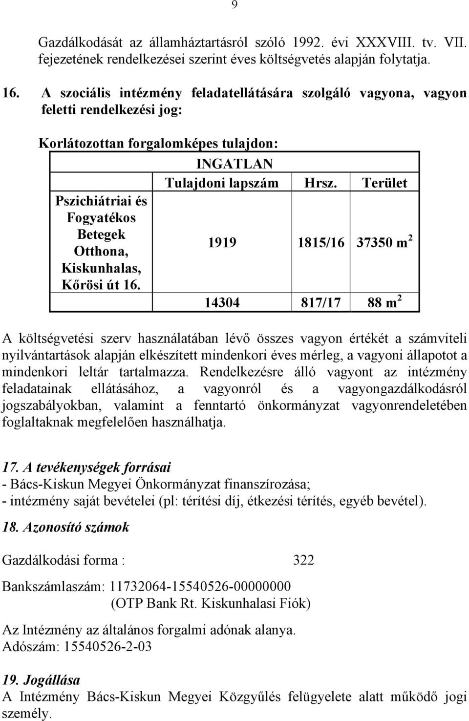 INGATLAN Tulajdoni lapszám Hrsz.