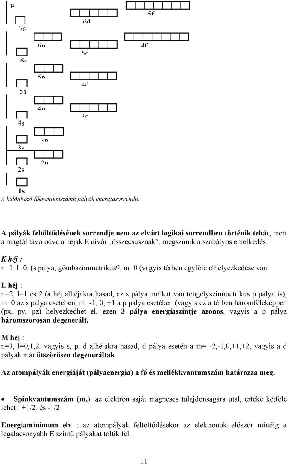 K héj : n=1, l=0, (s pálya, gömbszimmetrikus9, m=0 (vagyis térben egyféle elhelyezkedése van L héj : n=2, l=1 és 2 (a héj alhéjakra hasad, az s pálya mellett van tengelyszimmetrikus p pálya is), m=0