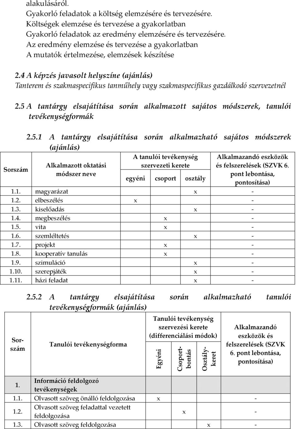 4 A képzés javasolt helyszíne (ajánlás) Tanterem és szakmaspecifikus tanműhely vagy szakmaspecifikus gazdálkodó szervezetnél 2.