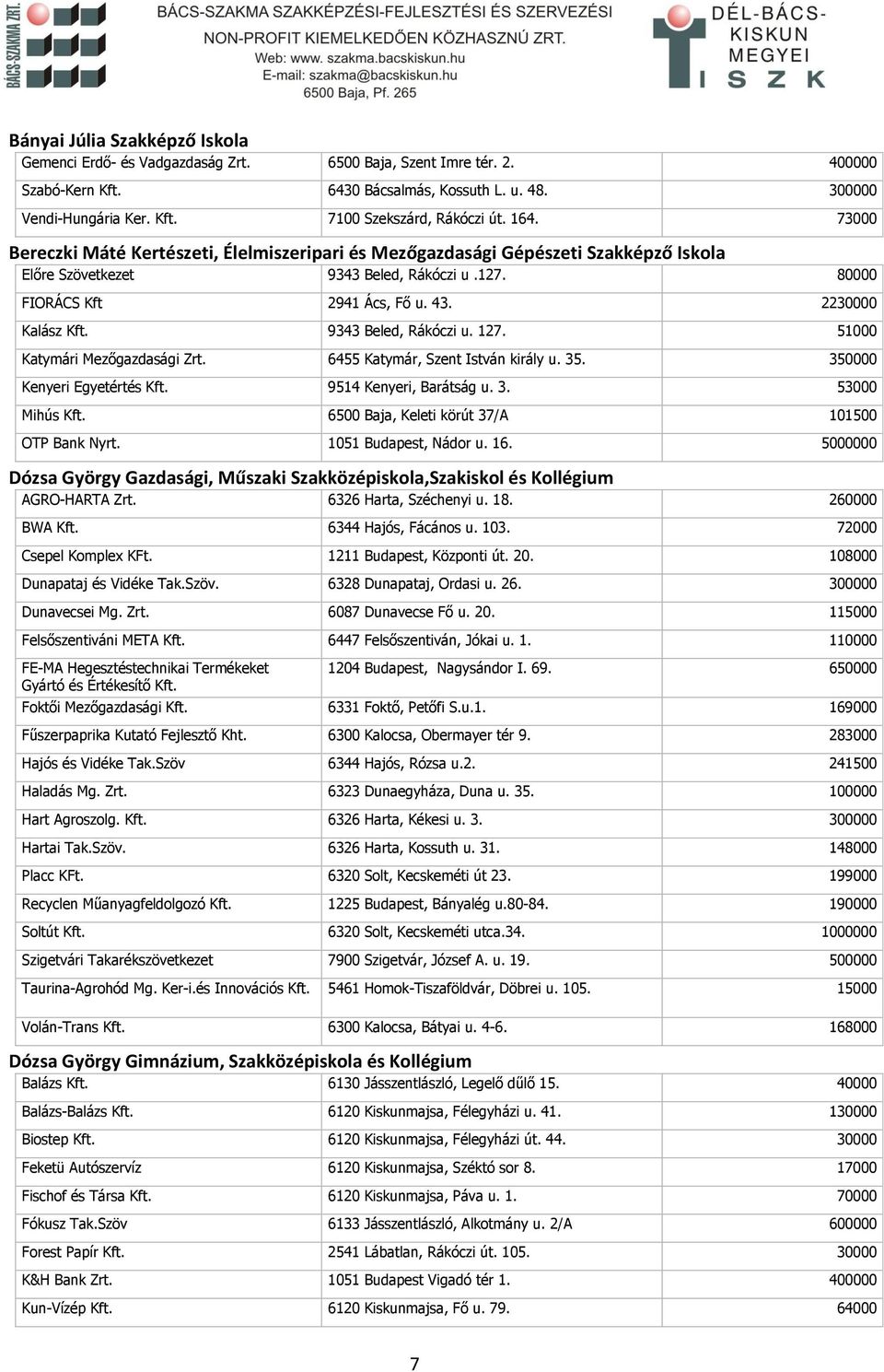 9343 Beled, Rákóczi u. 127. 51000 Katymári Mezőgazdasági Zrt. 6455 Katymár, Szent István király u. 35. 350000 Kenyeri Egyetértés Kft. 9514 Kenyeri, Barátság u. 3. 53000 Mihús Kft.