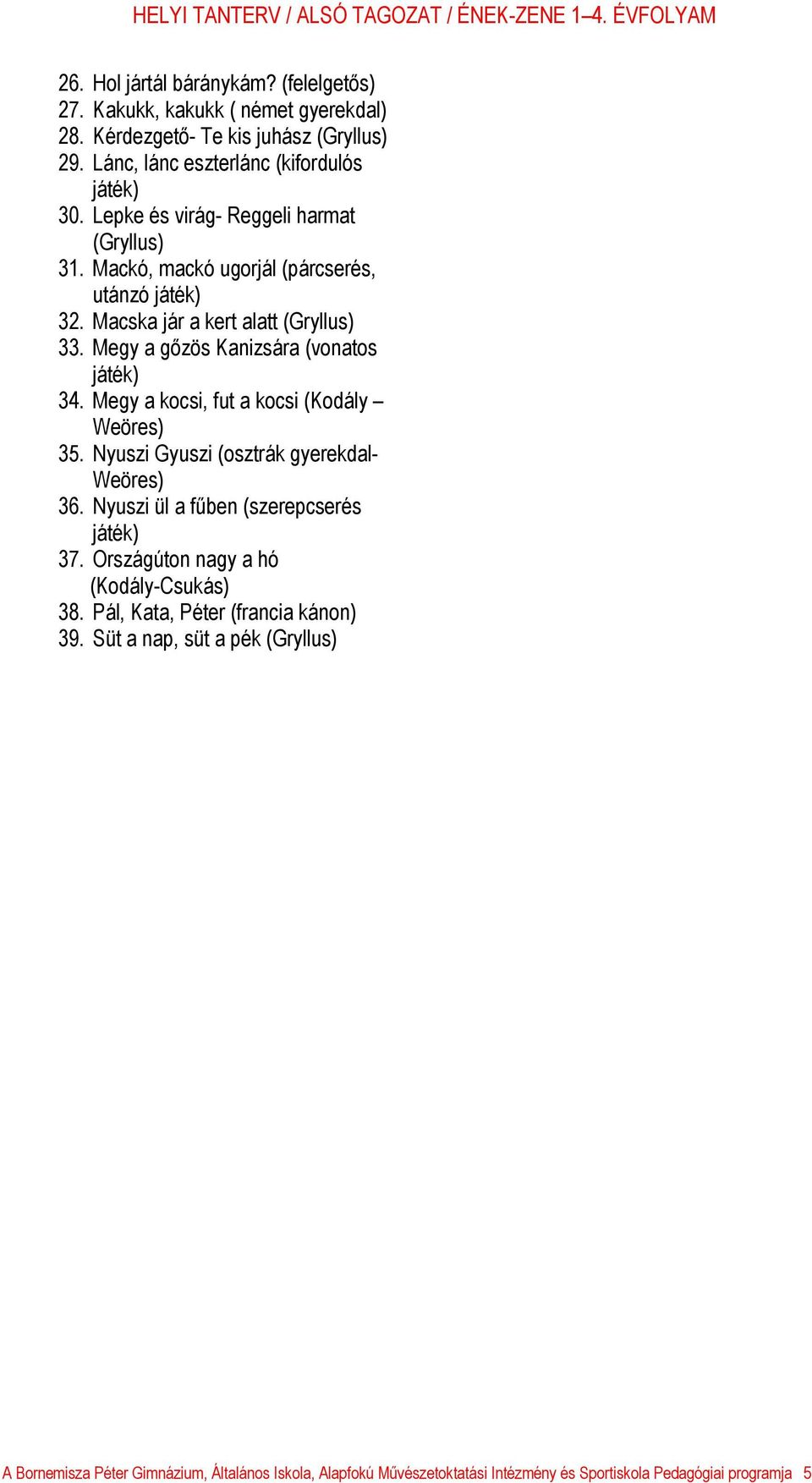 Megy a kocsi, fut a kocsi (Kodály Weöres) 35. Nyuszi Gyuszi (osztrák gyerekdal- Weöres) 36. Nyuszi ül a fűben (szerepcserés játék) 37. Országúton nagy a hó (Kodály-Csukás) 38.