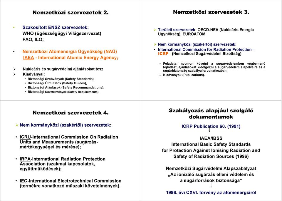 Kiadványai: Biztonsági Szabványok (Safety Standards), Biztonsági Útmutatók (Safety Guides), Biztonsági Ajánlások (Safety Recommandations), Biztonsági Követelmények (Safety Requirements).