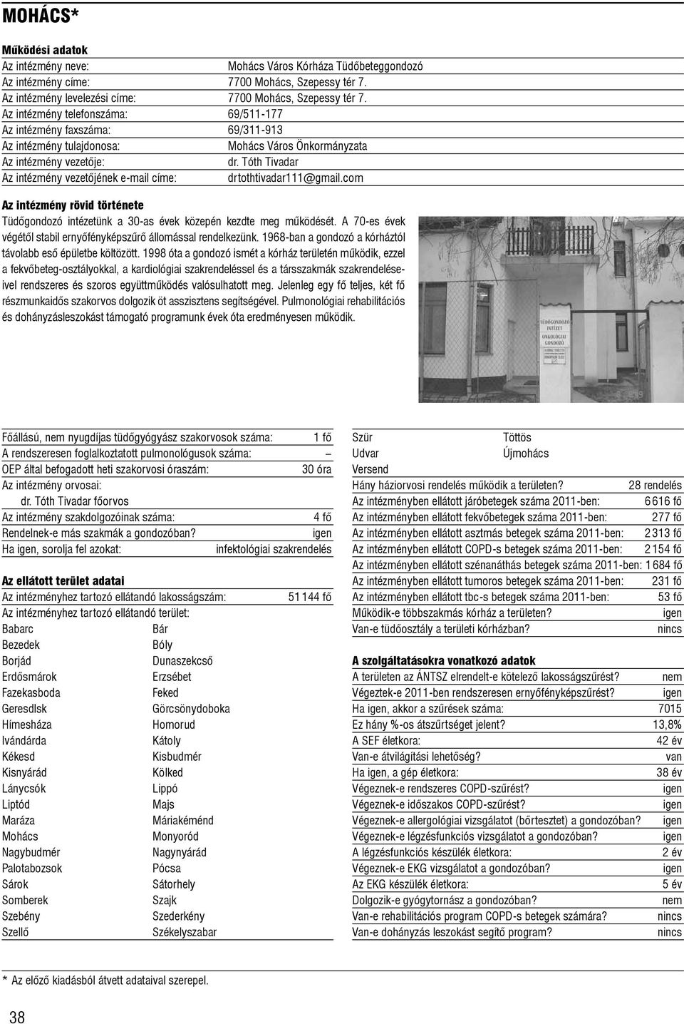Tóth Tivadar Az intézmény vezetõjének e-mail címe: drtothtivadar111@gmail.com Tüdõgondozó intézetünk a 30-as évek közepén kezdte meg mûködését.
