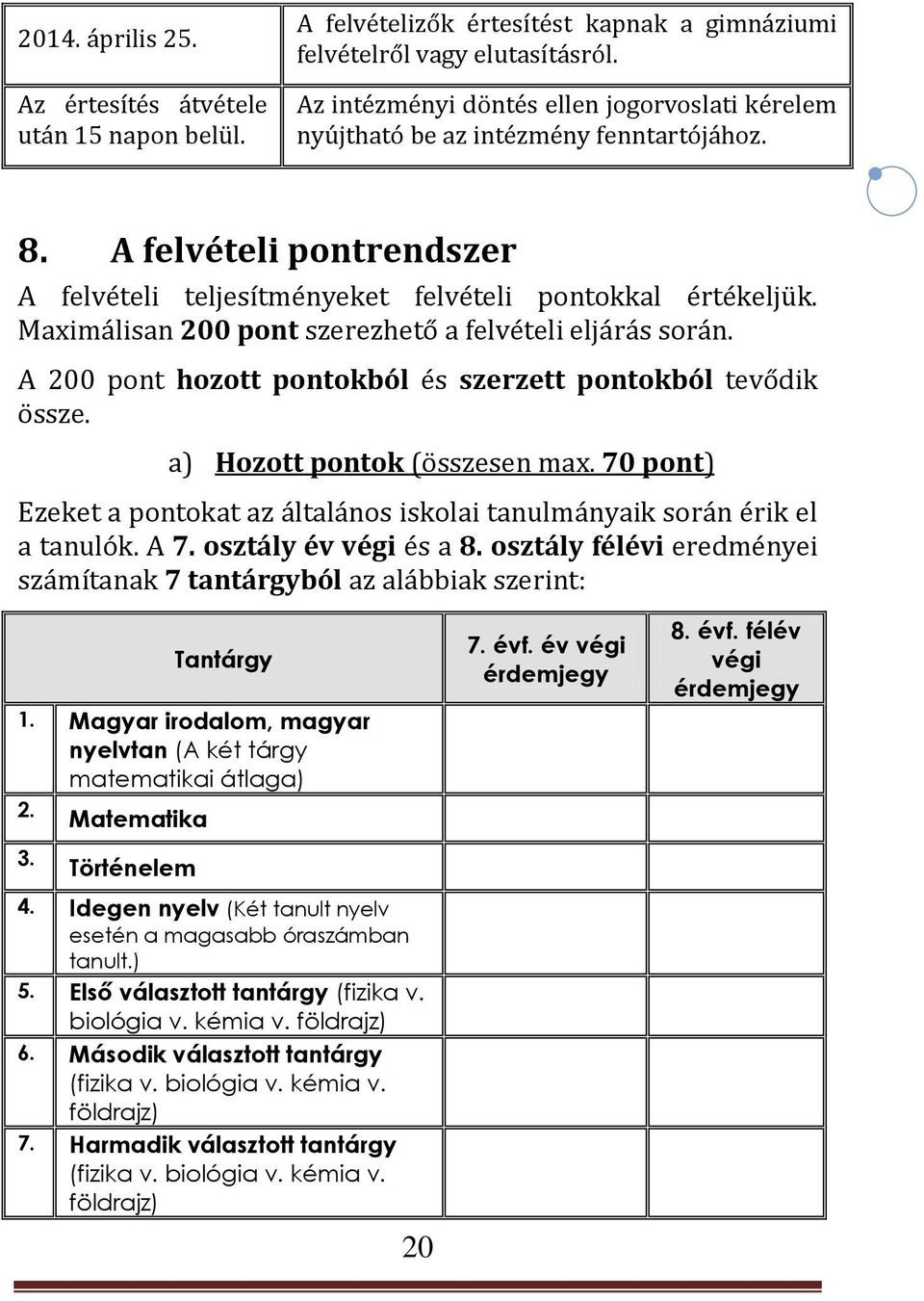 Maximálisan 200 pont szerezhető a felvételi eljárás során. A 200 pont hozott pontokból és szerzett pontokból tevődik össze. a) Hozott pontok (összesen max.