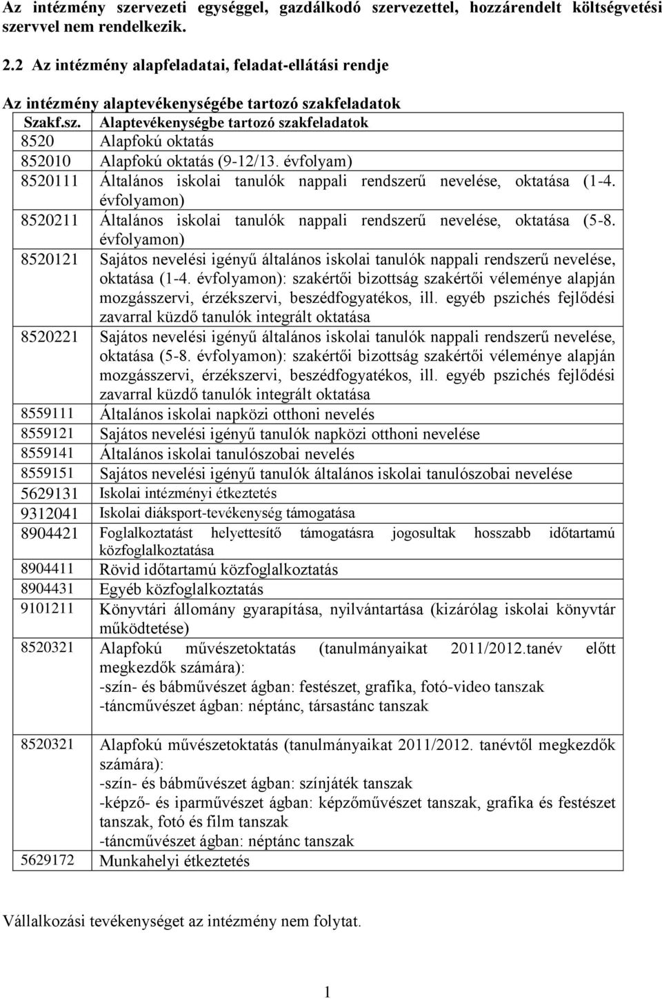 évfolyam) 8520111 Általános iskolai tanulók nappali rendszerű nevelése, oktatása (1-4. évfolyamon) 8520211 Általános iskolai tanulók nappali rendszerű nevelése, oktatása (5-8.