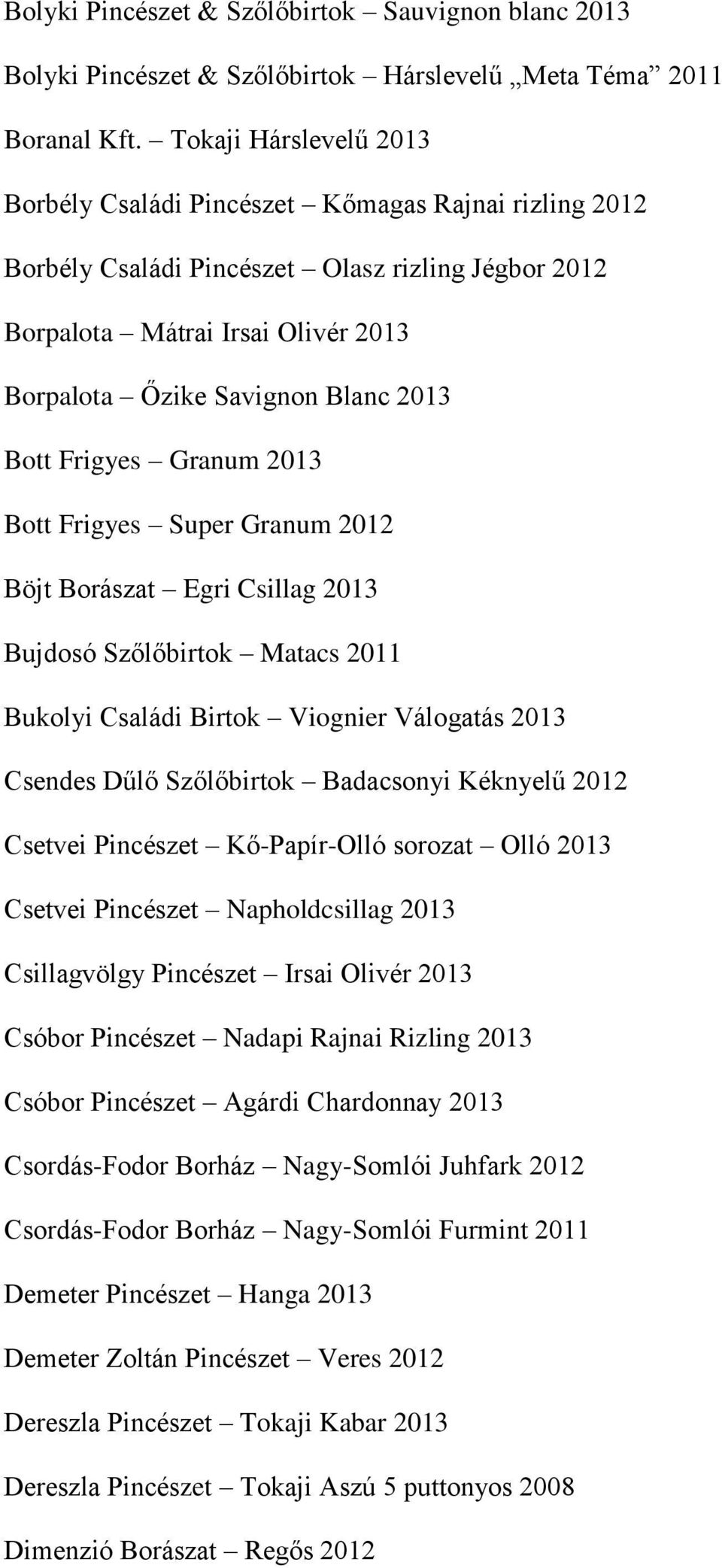 Bott Frigyes Granum 2013 Bott Frigyes Super Granum 2012 Böjt Borászat Egri Csillag 2013 Bujdosó Szőlőbirtok Matacs 2011 Bukolyi Családi Birtok Viognier Válogatás 2013 Csendes Dűlő Szőlőbirtok