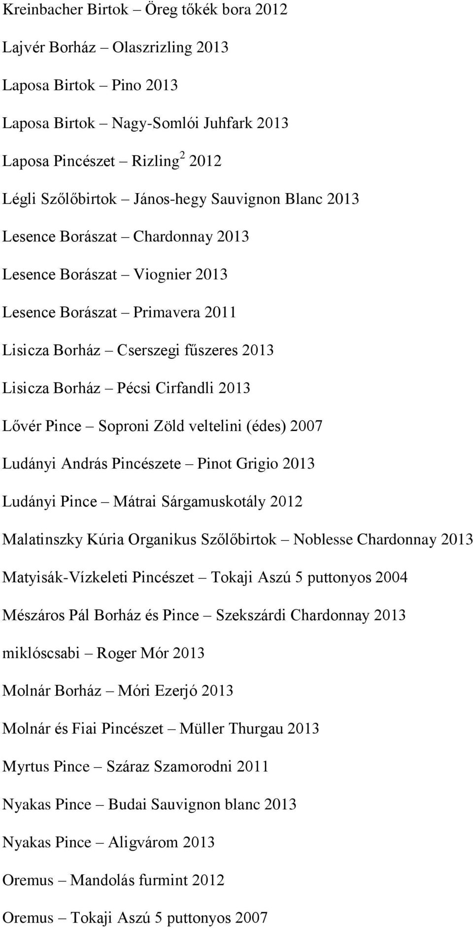 Pince Soproni Zöld veltelini (édes) 2007 Ludányi András Pincészete Pinot Grigio 2013 Ludányi Pince Mátrai Sárgamuskotály 2012 Malatinszky Kúria Organikus Szőlőbirtok Noblesse Chardonnay 2013