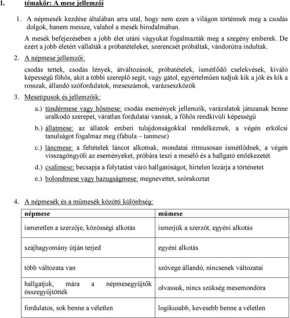 A népmese jellemzői: csodás tettek, csodás lények, átváltozások, próbatételek, ismétlődő cselekvések, kiváló képességű főhős, akit a többi szereplő segít, vagy gátol, egyértelműen tudjuk kik a jók és