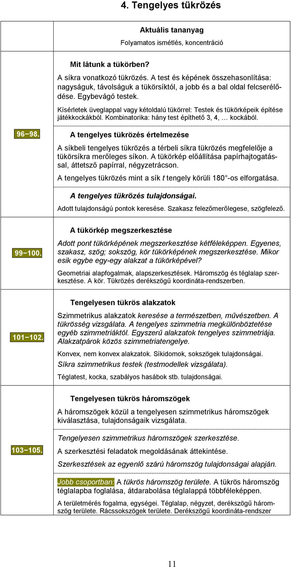 Kísérletek üveglappal vagy kétoldalú tükörrel: Testek és tükörképeik építése játékkockákból. Kombinatorika: hány test építhető 3, 4, kockából. 96 98.