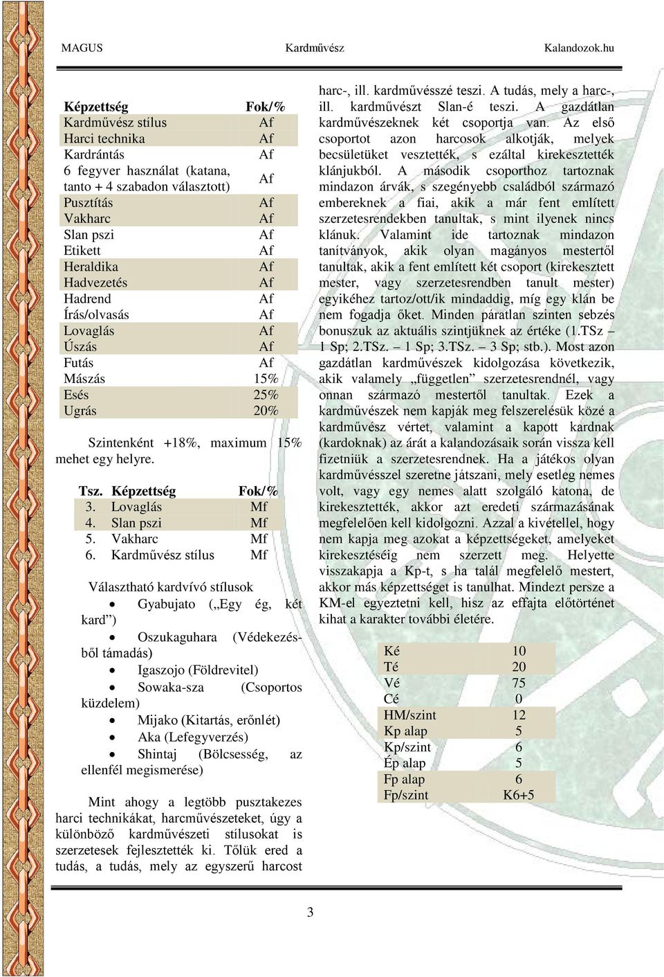 Kardművész stílus Mf Választható kardvívó stílusok Gyabujato ( Egy ég, két kard ) Oszukaguhara (Védekezésből támadás) Igaszojo (Földrevitel) Sowaka-sza (Csoportos küzdelem) Mijako (Kitartás, erőnlét)