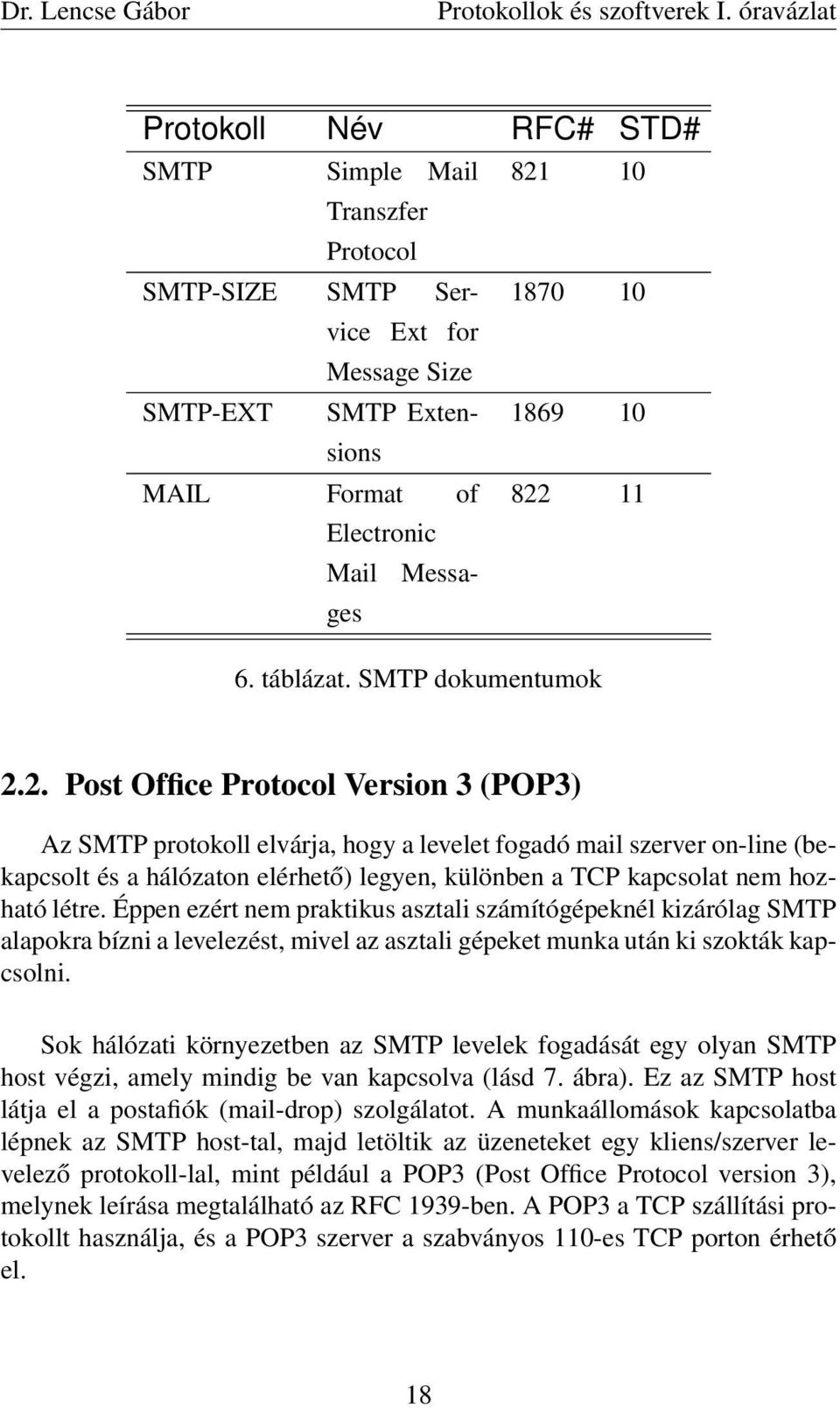 2. Post Office Protocol Version 3 (POP3) Az SMTP protokoll elvárja, hogy a levelet fogadó mail szerver on-line (bekapcsolt és a hálózaton elérhető) legyen, különben a TCP kapcsolat nem hozható létre.