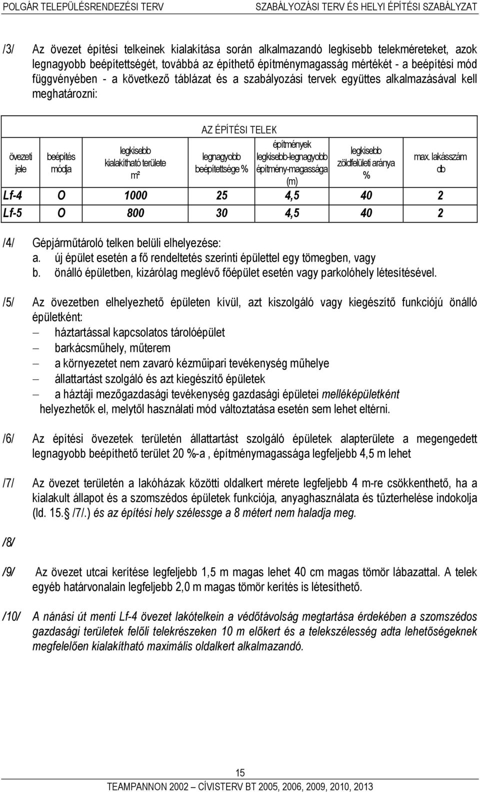 -legnagyobb építmény-magassága (m) zöldfelületi aránya % max. lakásszám db Lf-4 O 1000 25 4,5 40 2 Lf-5 O 800 30 4,5 40 2 /4/ Gépjárműtároló telken belüli elhelyezése: a.