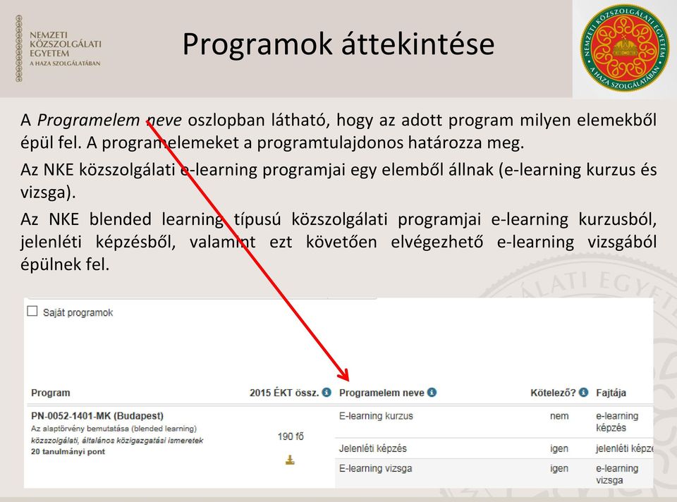 Az NKE közszolgálati e-learning programjai egy elemből állnak (e-learning kurzus és vizsga).