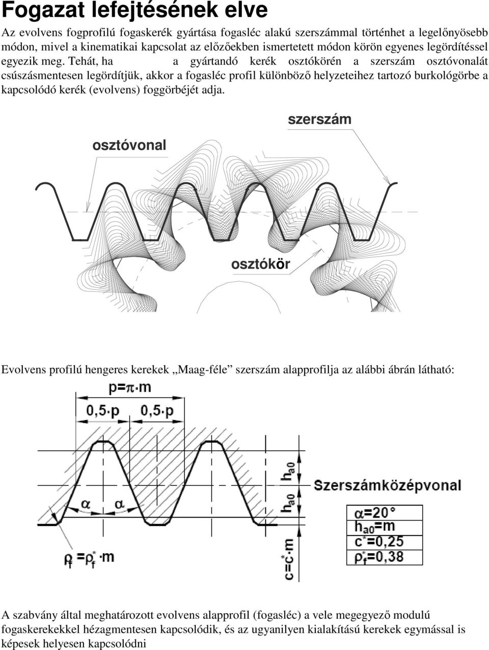 Tehát, ha a gyártandó kerék osztókörén a szerszám osztóvonalát csúszásmentesen legördítjük, akkor a fogasléc profil különbözı helyzeteihez tartozó burkológörbe a kapcsolódó kerék (evolvens)