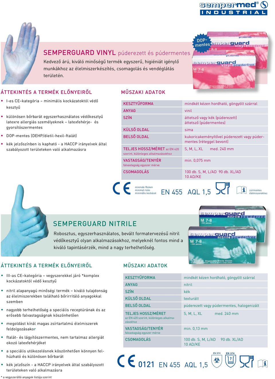 latexfehérje- és gyorsítószermentes DOP-mentes (DEHP/dietil-hexil-ftalát) kék jelzőszínben is kapható - a HACCP irányelvek által szabályozott területeken való alkalmazásra az EN 420 szerint,