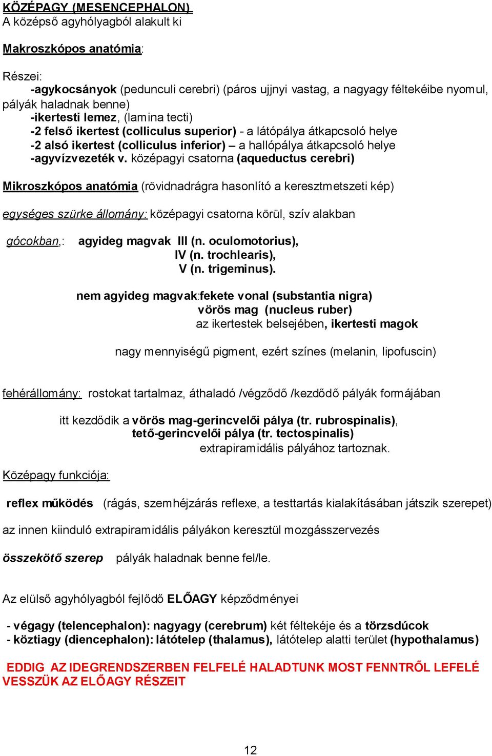 középagyi csatorna (aqueductus cerebri) Mikroszkópos anatómia (rövidnadrágra hasonlító a keresztmetszeti kép) egységes szürke állomány: középagyi csatorna körül, szív alakban gócokban,: agyideg