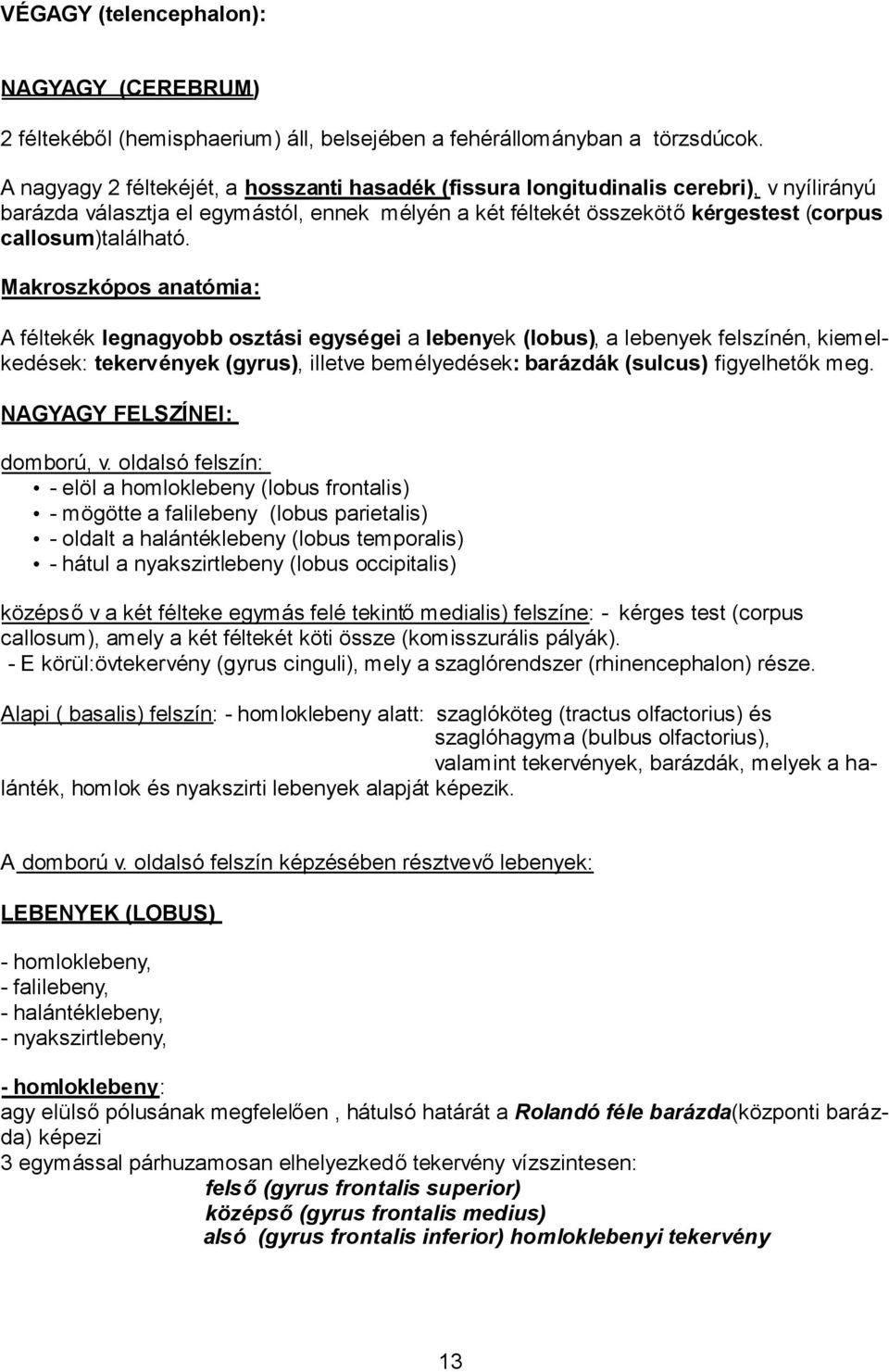 Makroszkópos anatómia: A féltekék legnagyobb osztási egységei a lebenyek (lobus), a lebenyek felszínén, kiemelkedések: tekervények (gyrus), illetve bemélyedések: barázdák (sulcus) figyelhetők meg.