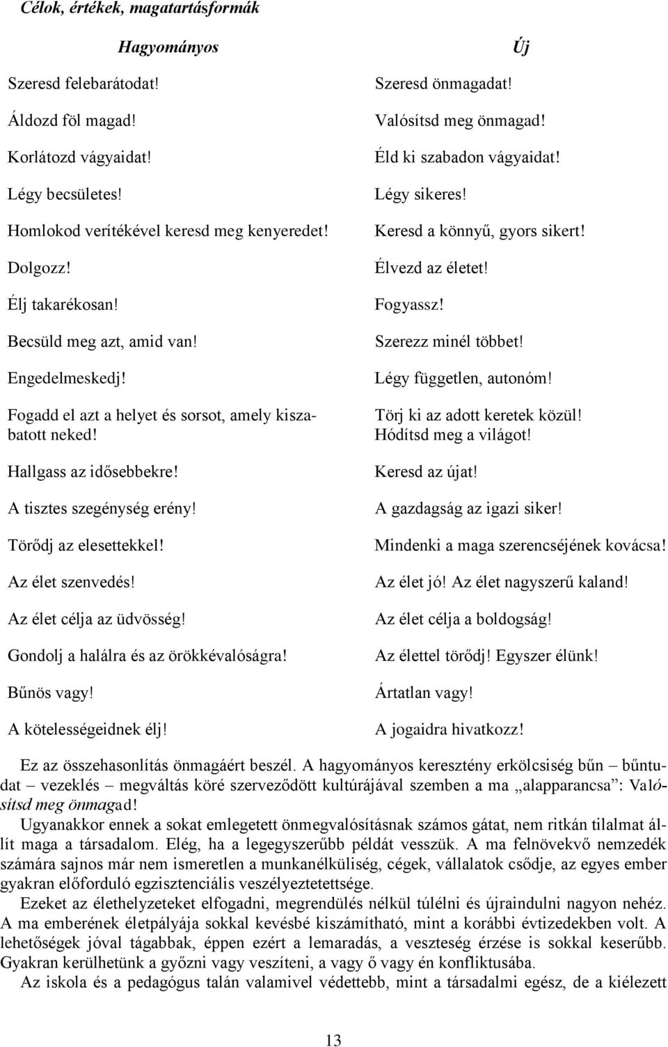 Az élet célja az üdvösség! Gondolj a halálra és az örökkévalóságra! Bűnös vagy! A kötelességeidnek élj! Szeresd önmagadat! Új Valósítsd meg önmagad! Éld ki szabadon vágyaidat! Légy sikeres!