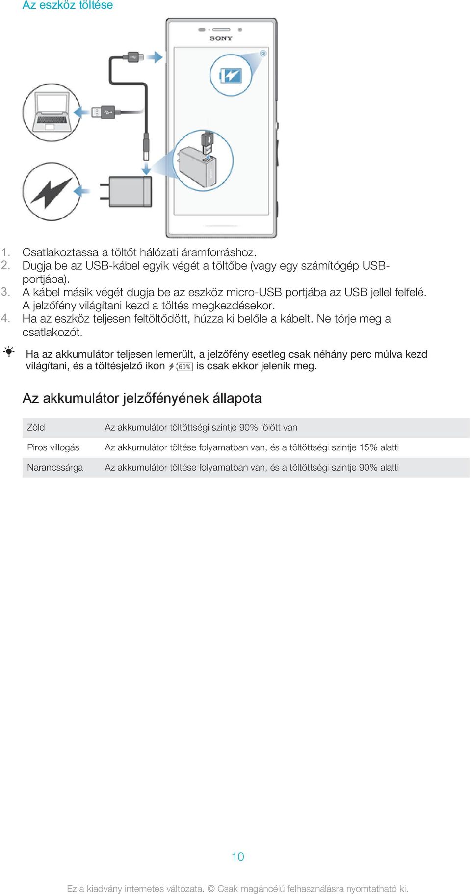 Ne törje meg a csatlakozót. Ha az akkumulátor teljesen lemerült, a jelzőfény esetleg csak néhány perc múlva kezd világítani, és a töltésjelző ikon is csak ekkor jelenik meg.